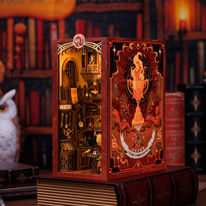 Flame Common Room DIY kit interior with warm red wood panels and bookshelf