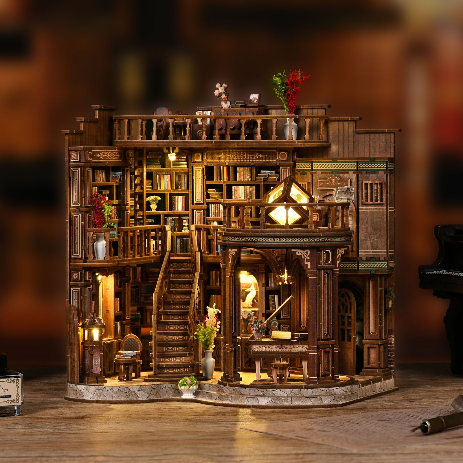 Dreamy Book Hall DIY Miniature Kit with LED Lighting | 3-Story Grand Library Bookshelf Decor