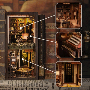 Rose Detective Agency book nook kit animated GIF showing warm detective office LED glow