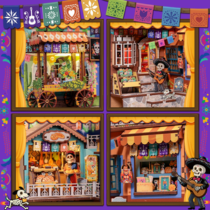 Plaza de los Muertos DIY kit interior with papel picado and candlelit altars