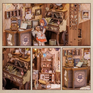 Grandfather's Antique Store DIY kit assembled night view with warm amber LED