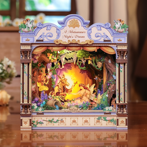 A Midsummer Night's Dream miniature enchanted forest interior with fairy glow