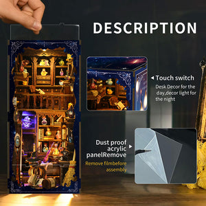 Magic Potion House DIY book nook kit description showing touch switch LED feature and dust proof acrylic panel