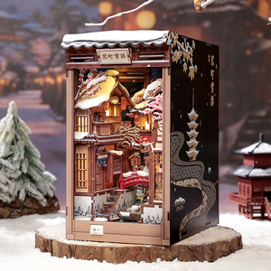 Kyoto Snow Whisper miniature snowy Japanese street interior with warm glow