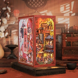 The Legend of Mulan book nook kit interior with warm LED lighting and battle props