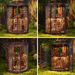 Enchanted Library book nook shown from four angles – front open, side panel, rear view and right side, all on green moss background
