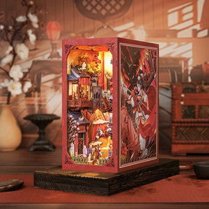 The Legend of Mulan miniature scene assembled on bookshelf with LED glow