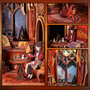 Flame Common Room book nook kit close-up showing miniature furniture props