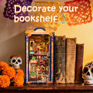 Plaza de los Muertos book nook kit assembled showing colorful Día de Muertos scene