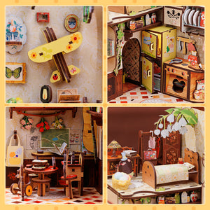 Mole's Apartment book nook kit assembled between books on shelf