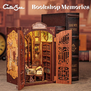 Bookshop Memories miniature cozy bookshop interior with reading nook and warm glow