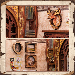 Bookshop Memories miniature cozy bookshop assembled night view with warm LED glow