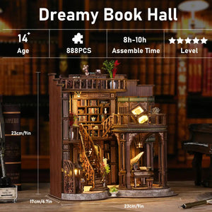 Product specifications for NookSaga Dreamy Book Hall showing 888 pieces and 8-10 hour assembly time.