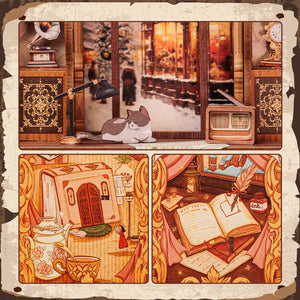 Bookshop Memories DIY book nook kit detail showing miniature bookshelf and lamp