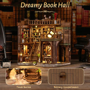 NookSaga Dreamy Book Hall miniature library featuring warm LED lights and touch switch function.
