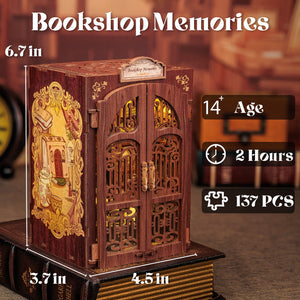 Bookshop Memories DIY book nook kit assembled full view with warm amber LED