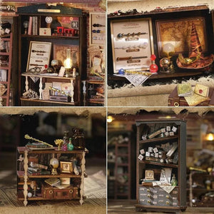 Detailed miniature shelves showcasing tiny wands, wizard spectacles, and a sorting hat prop inside the 1:24 scale model.