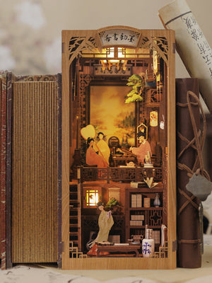 Ink Rhyme Bookstore miniature scholar study interior with ink brushes and scrolls