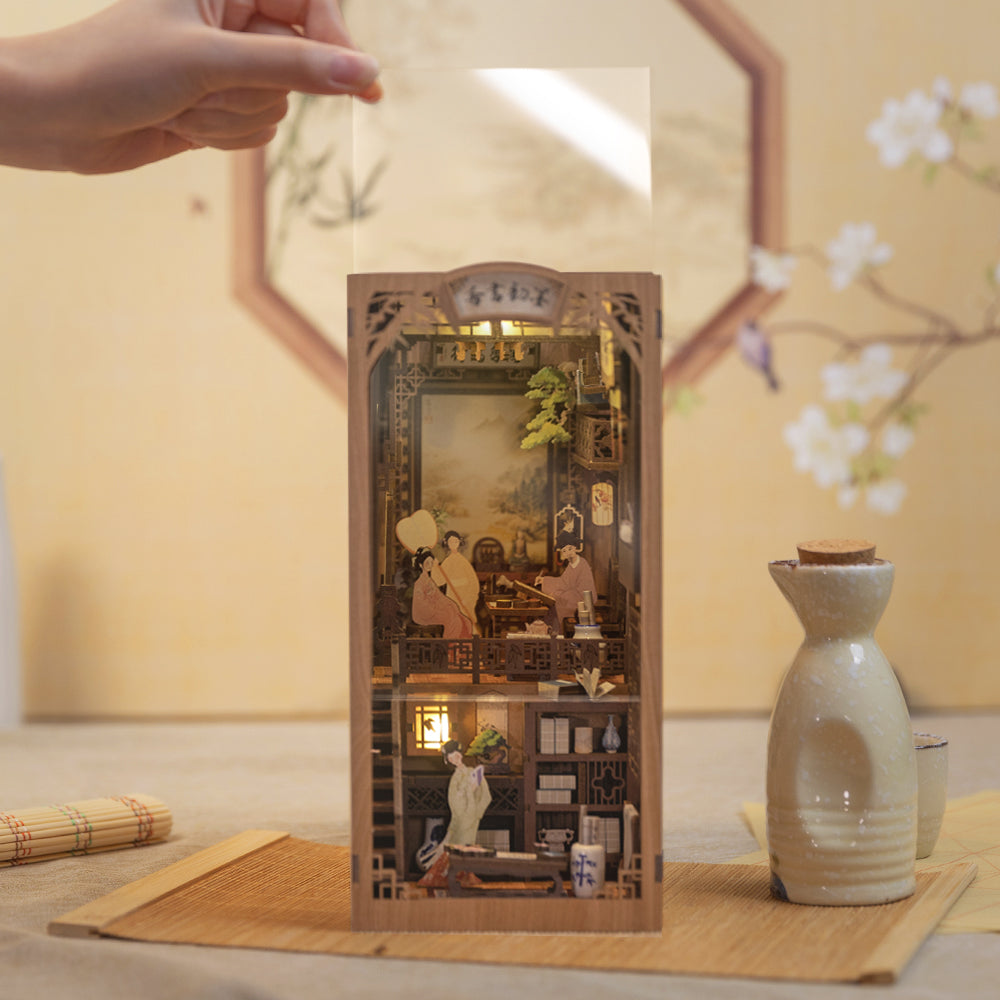 Ink Rhyme Bookstore book nook kit assembled showing calligraphy desk and warm glow