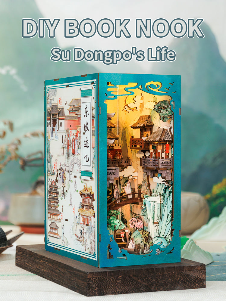 Su Dongpo's Life book nook kit assembled showing calligraphy and scrolls
