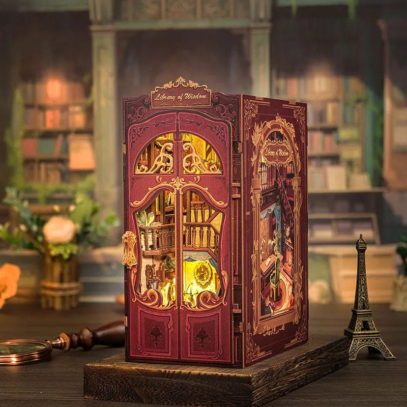 The Library DIY Book Nook Kit with LED Lighting | Miniature Vintage Library Bookshelf Insert