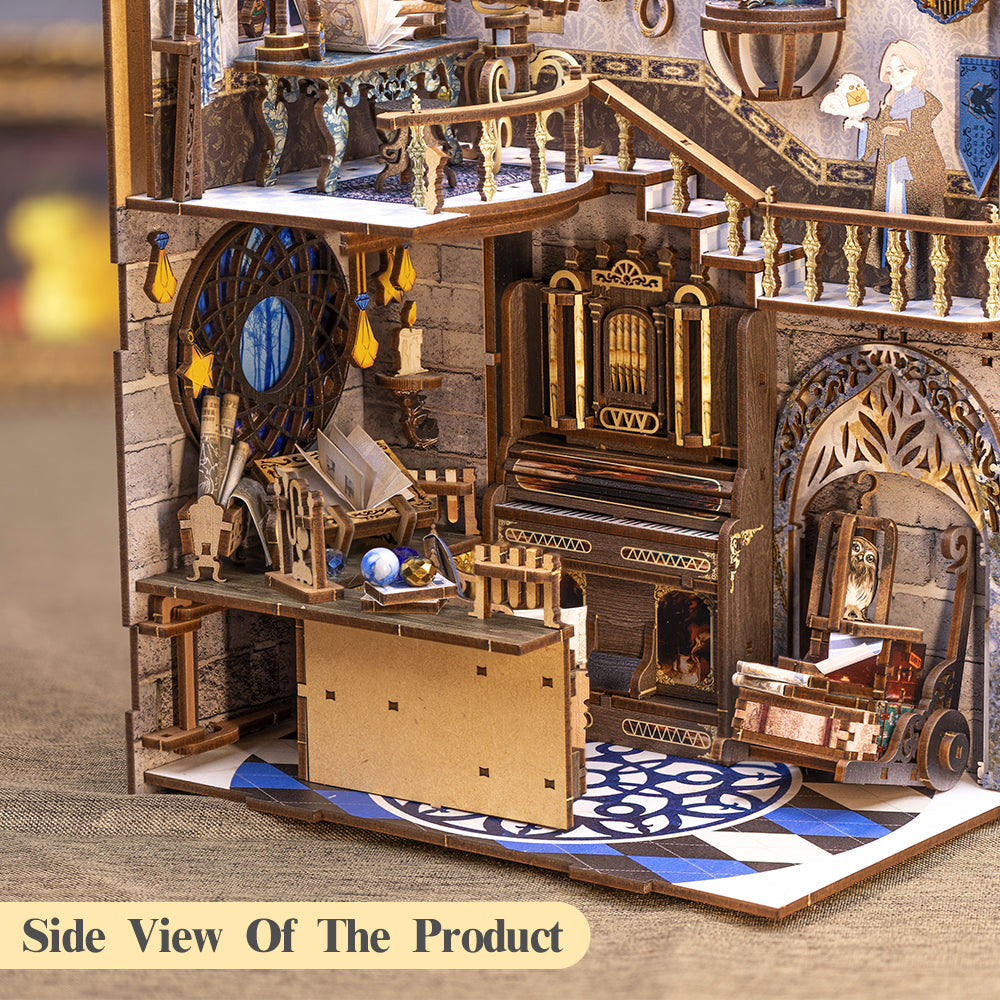 Nebula Common Room book nook kit close-up showing miniature telescopes