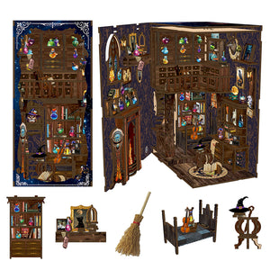 Magic Potion House DIY kit flat lay showing all 334 laser-cut wooden furniture pieces and accessories included in the box