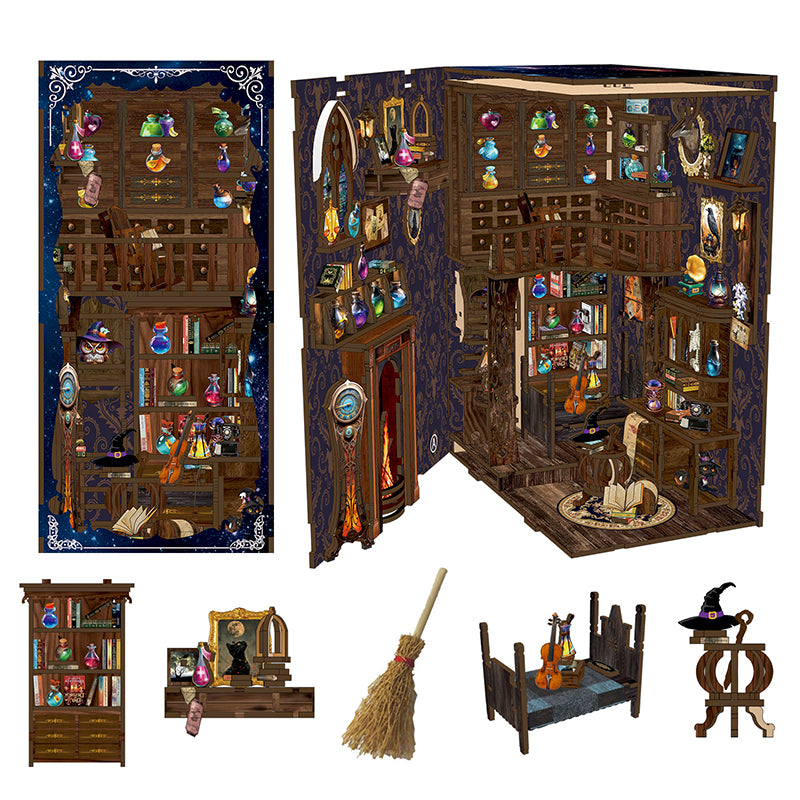 Magic Potion House DIY kit flat lay showing all 334 laser-cut wooden furniture pieces and accessories included in the box