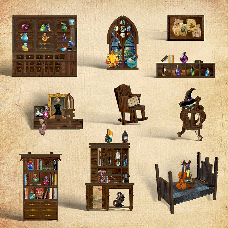 Magic Potion House full structural exploded view showing inner walls shelves and all miniature furniture before assembly