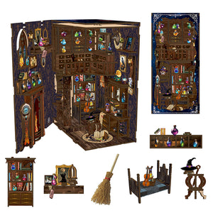 Magic Potion House book nook two-angle comparison showing warm golden mode and blue purple night mode LED lighting
