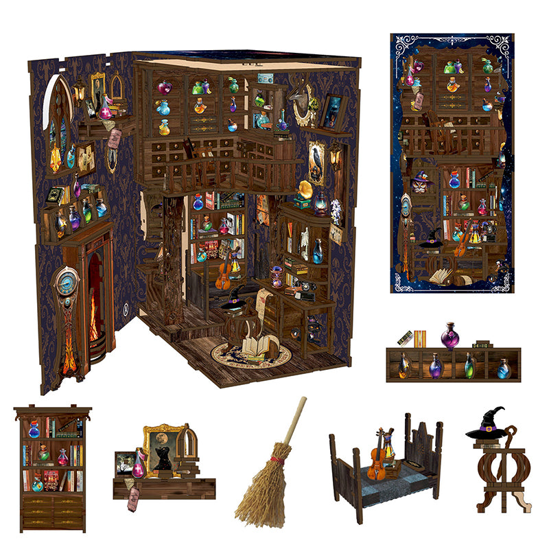 Magic Potion House book nook two-angle comparison showing warm golden mode and blue purple night mode LED lighting
