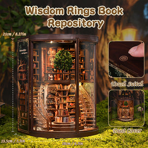 Wisdom Rings Book Repository dimensions infographic – 13.5x16.5x21cm assembled size, touch switch LED and dust cover features highlighted