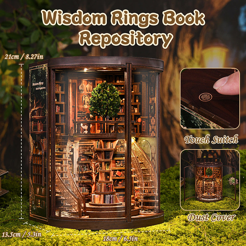 Wisdom Rings Book Repository dimensions infographic – 13.5x16.5x21cm assembled size, touch switch LED and dust cover features highlighted