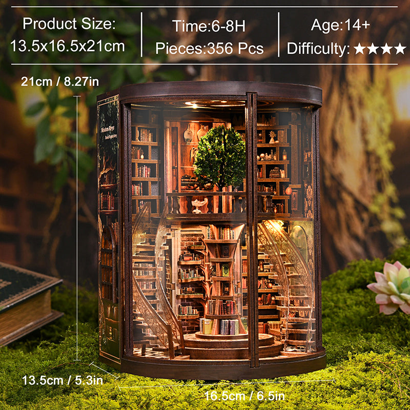 Enchanted Library book nook specs – product size 13.5x16.5x21cm, assembly time 6–8H, 356 pieces, age 14+, difficulty 4 stars