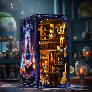 Magic Potion House book nook glowing at night with purple accent light illuminating the witch figurine inside