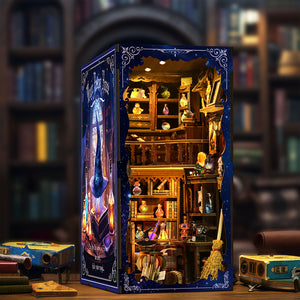 Magic Potion House book nook close-up showing miniature potion bottles rocking chair and witch accessories on wooden shelves