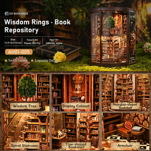 Wisdom Rings Book Repository feature overview – wisdom tree, display cabinet, hourglass bookshelf, spiral staircase, tree-shaped bookshelf and armchair details