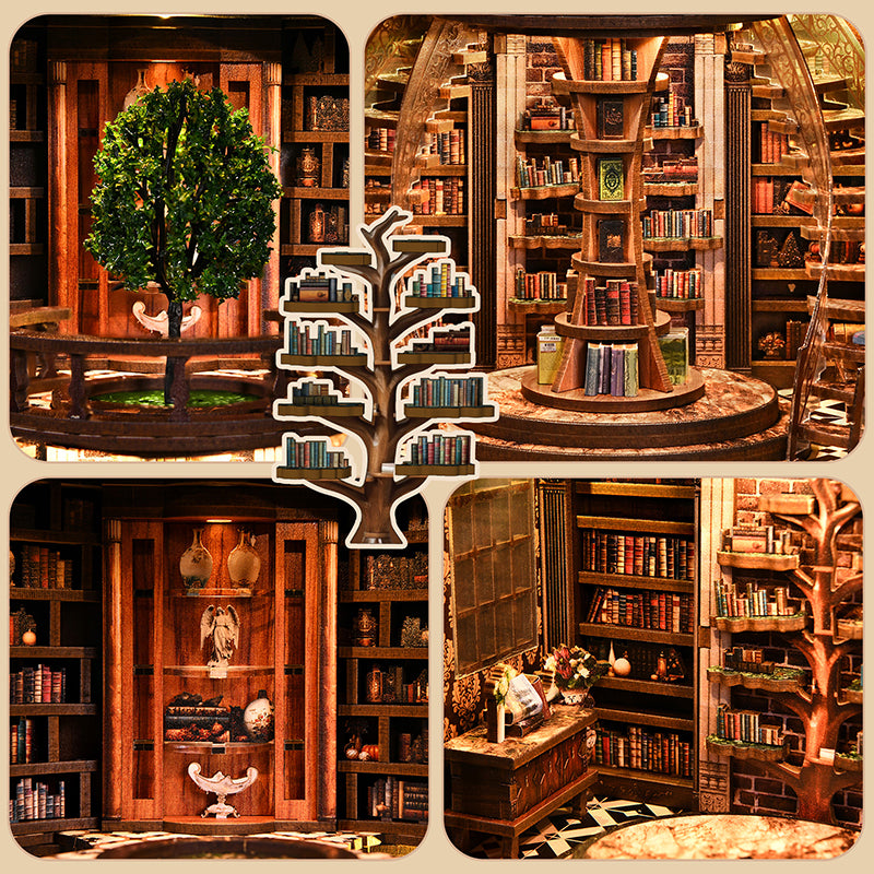Close-up detail collage of Enchanted Library book nook – miniature topiary tree, tree-shaped bookshelf, angel display cabinet and decorative desk corner