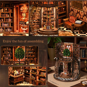 Enchanted Library interior detail collage – floor-to-ceiling bookshelves, spiral staircase, central tree bookshelf, reading armchair and vintage desk