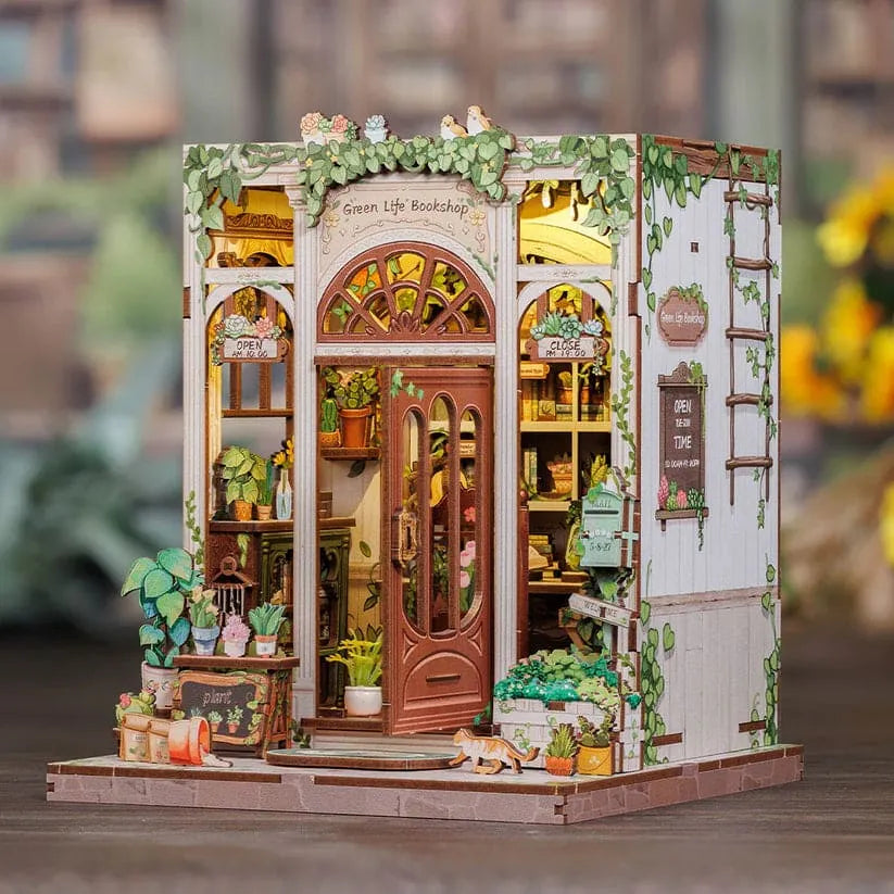 City Walk Green Bookshop DIY Book Nook Kit | Nature-Inspired Miniature Bookstore with LED Lights