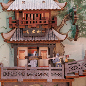 Su Dongpo's Life book nook kit assembled angle view with warm lantern light
