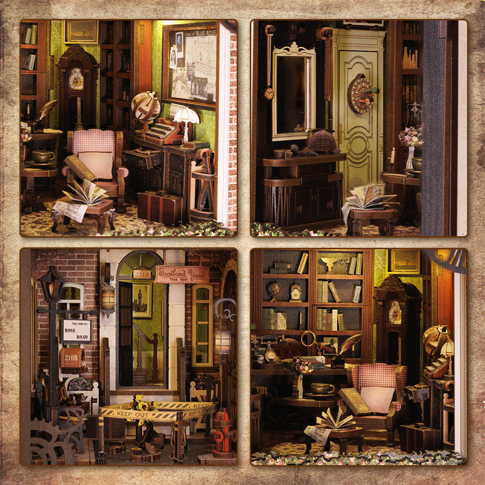 Rose Detective Agency DIY book nook kit interior detail with clue board and files