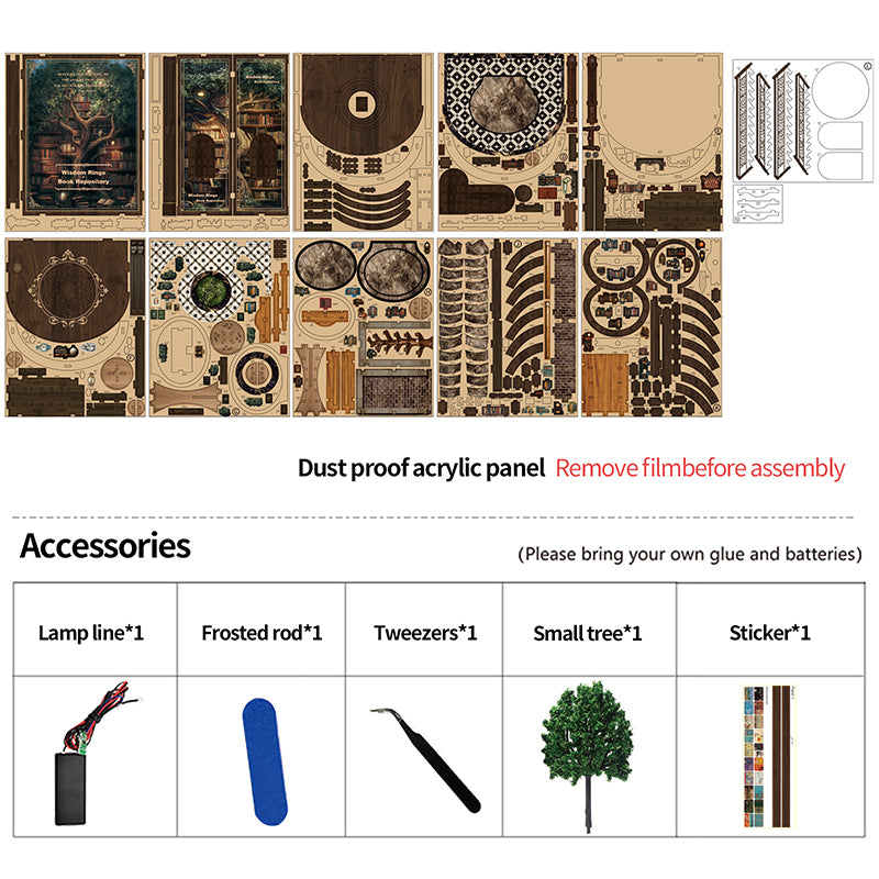 Enchanted Library DIY book nook parts layout – laser-cut MDF panels, acrylic dust panel, and accessories: lamp line, frosted rod, tweezers, miniature tree, sticker sheet