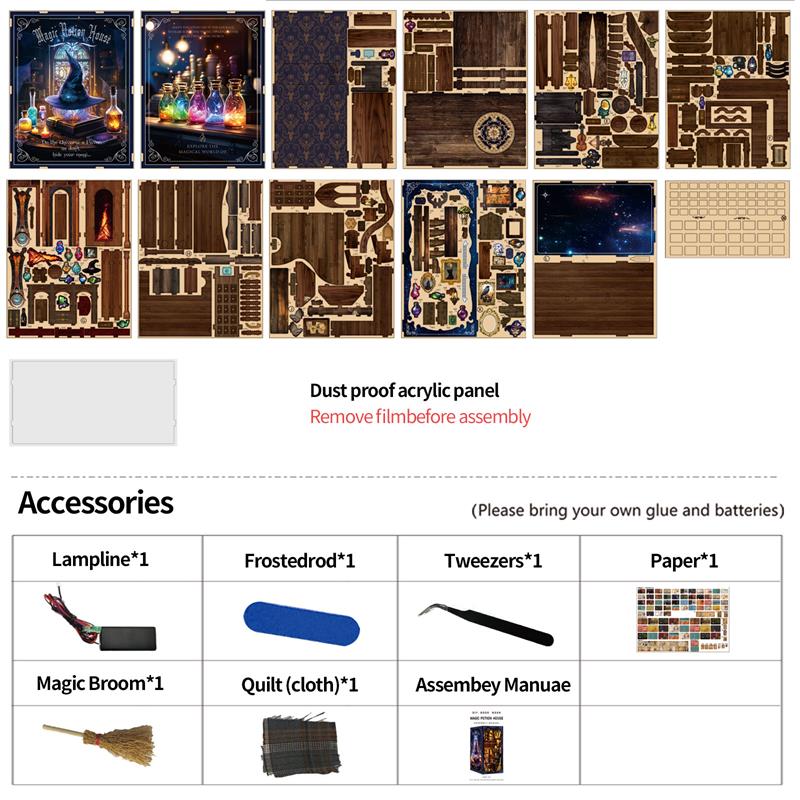 Magic Potion House product spec sheet showing assembled dimensions 230x180x110mm total weight 1199g and 334 pieces