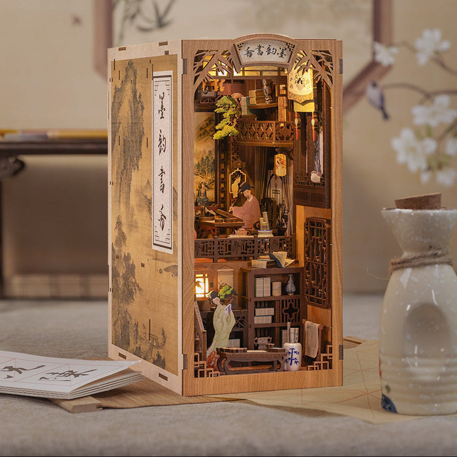 Ink Rhyme Bookstore DIY book nook kit — classical Chinese scholar study with LED lighting