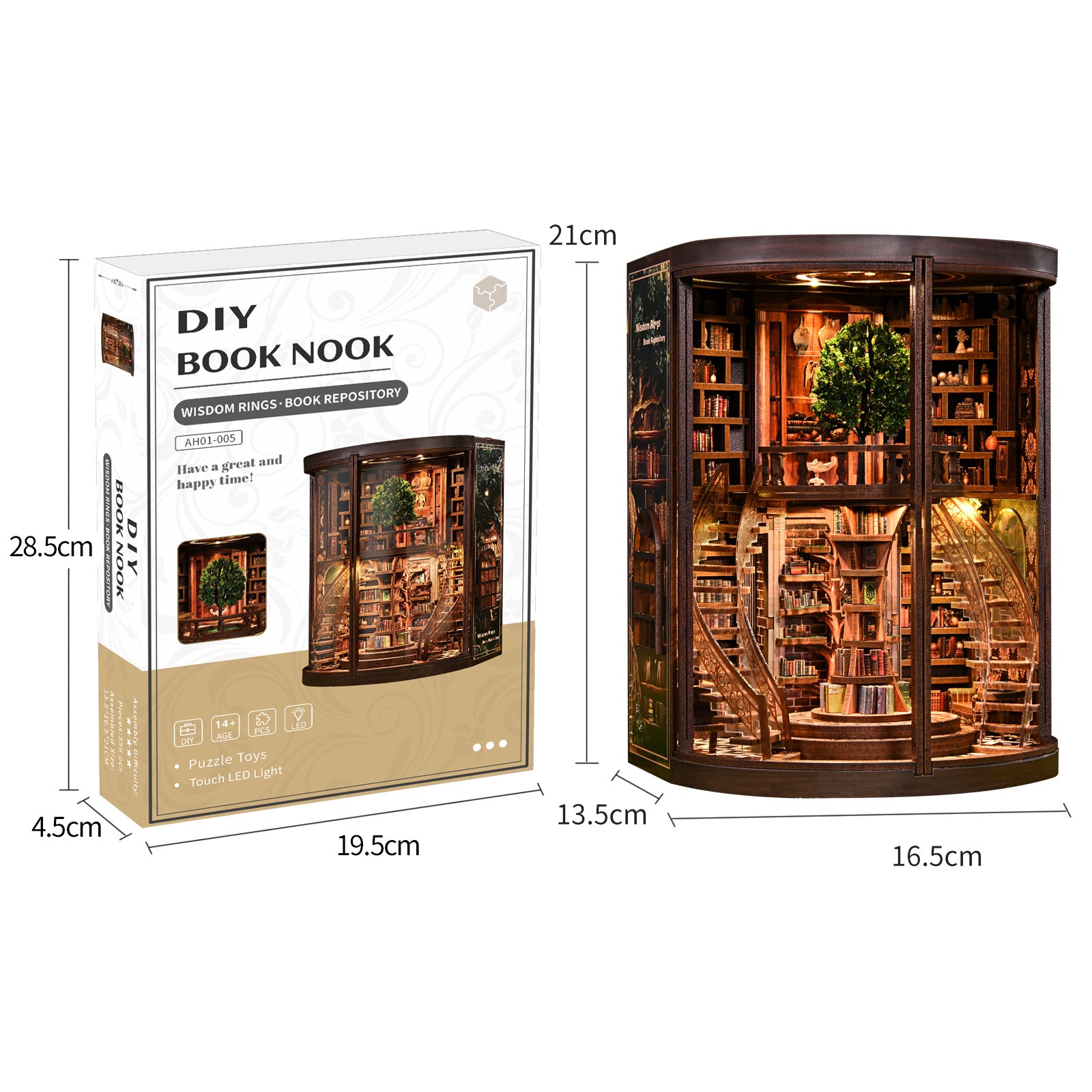 Enchanted Library DIY Book Nook packaging and assembled size comparison – box 28.5x19.5x4.5cm, finished model 13.5x16.5x21cm, 1147g