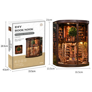 Enchanted Library DIY Book Nook packaging and assembled size comparison – box 28.5x19.5x4.5cm, finished model 13.5x16.5x21cm, 1147g