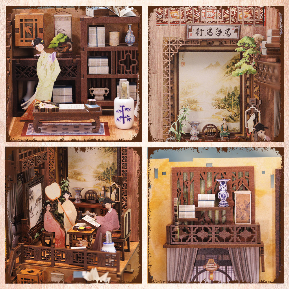 Ink Rhyme Bookstore DIY book nook kit assembled night view with amber lantern LED