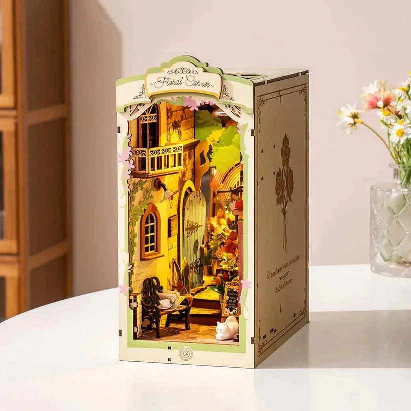 Floral Corner DIY Book Nook Kit | Miniature Flower Shop Alley with LED Lighting & Dust Cover