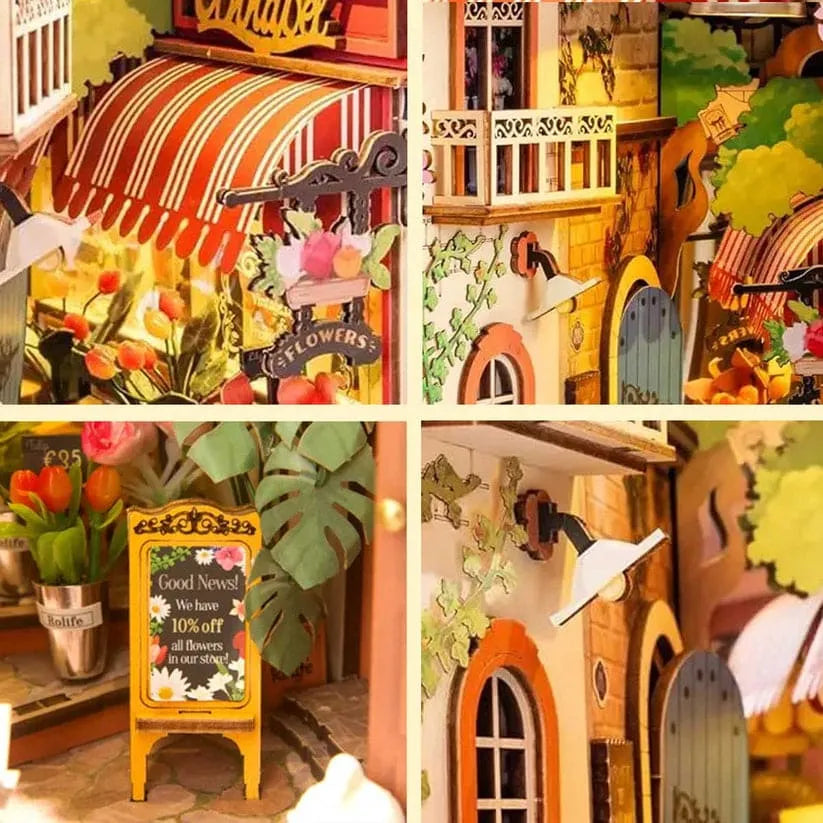 Floral Corner DIY Book Nook Kit | Miniature Flower Shop Alley with LED Lighting & Dust Cover